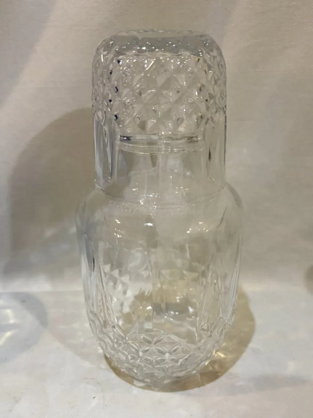 Clear Glass Bedside Water Carafe and Cup Set Diamond Cut Pattern